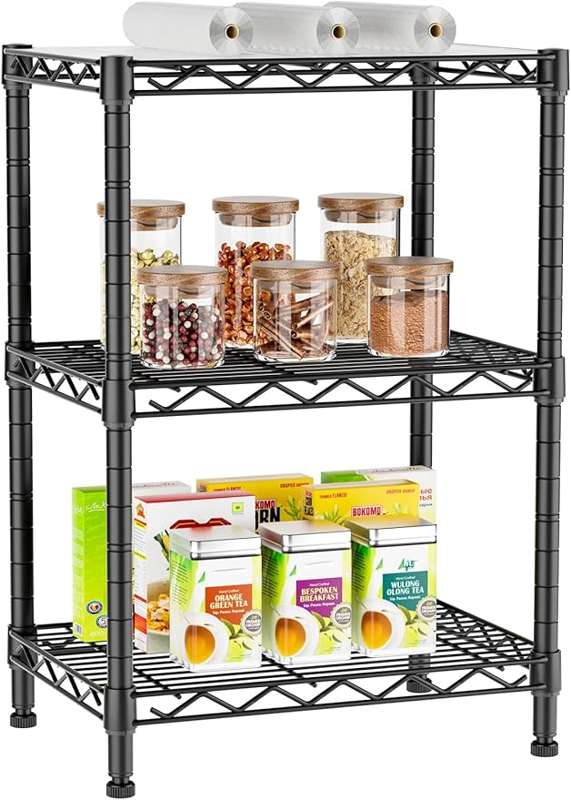 Golpart 3Tier Adjustable Storage Shelves Metal Wire Shelving Standing Shelf | Utility Heavy Duty Unit Rack Closet Organize for Home Kitchen Laundry Room Organization Pantry 11.6"Dx17.6"Wx30"H Black