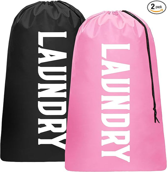 2 Pack XL Travel Laundry Bag, Machine Washable Dirty Clothes Organizer, Large Enough to Hold 4 Loads of Laundry, Easy Fit a Laundry Hamper (Black + Pink)