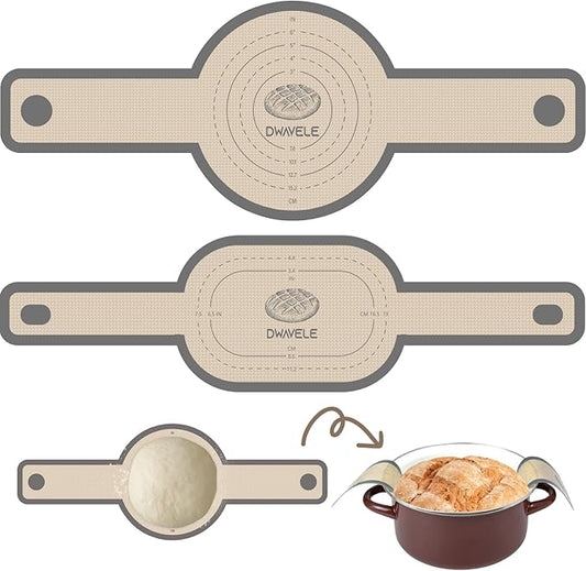 Silicone Bread Sling for Dutch Oven, Non-Stick & Easy to Clean Bread Baking Mat Set, 2 Pcs Reusable Bread Sling with Long Handle to Transfer Sourdough (Gray, Oval and Round)