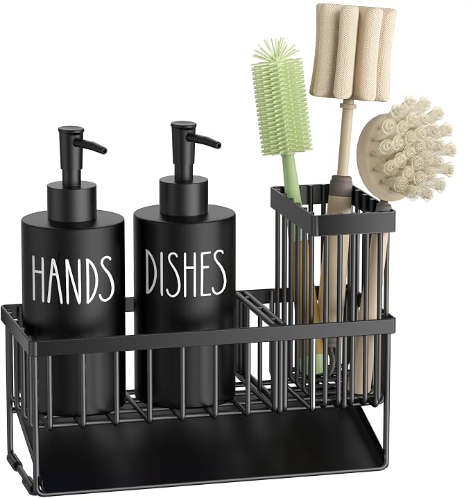 MASADI Kitchen Dish Soap Dispenser Set with Sponge Holder, 12OZ Glass Bottle, Hand and Dish Soap Dispenser Set, Non-Slip Silicone Pad, Brush Holder, Kitchen Sink Organizer Countertop (Black)