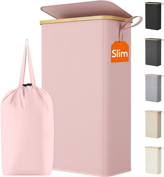 Lifewit 75L Slim Laundry Hamper with Lid, Narrow Laundry Basket with Removable Bag & Bamboo Handles, Fodable Thin Dirty Clothes Hamper for Laundry Collapsible Bin for Bathroom Bedroom Dorm, Pink
