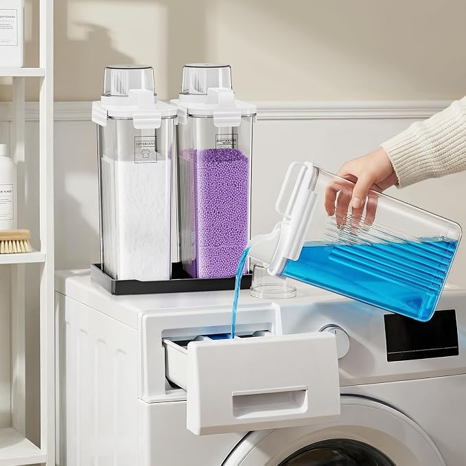94oz Laundry Detergent Dispenser Container,Soap Dispenser,Black Tray,2 Pack | Fabric Softener Dispenser,Liquid Laundry Detergent Organizer for Laundry Room Organization