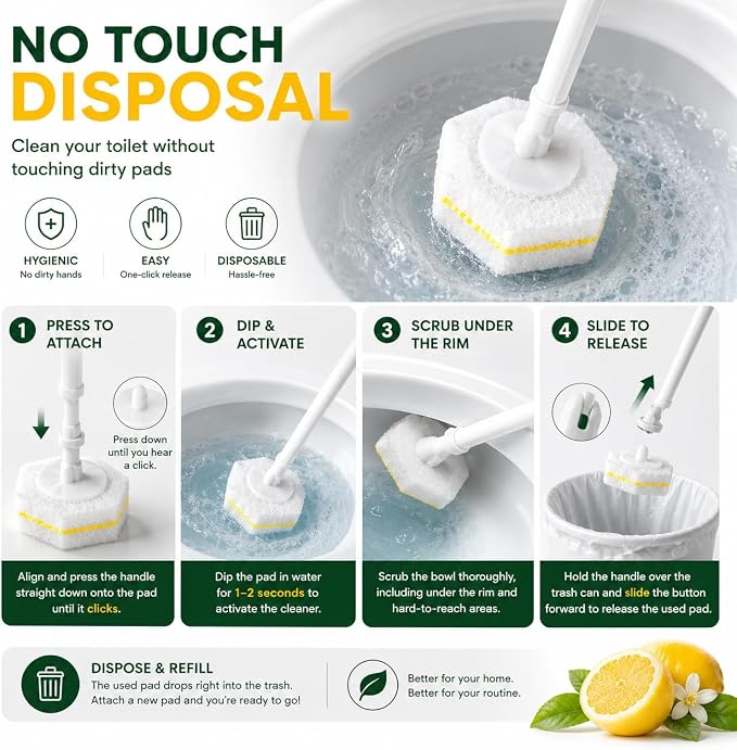 Toilet Wand Refills 60 Count Lemon Scent – Disposable Toilet Bowl Cleaner Brush Heads with Fresh Citrus Fragrance, Fits Most Standard Toilet Wand Handles, Hygienic No-Touch Cleaning Sponge Pads
