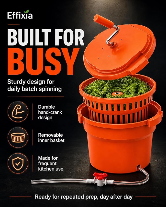 Commercial Salad Spinner - 6.5 Gallon Large Capacity Lettuce Dryer with 10 Ft Drain Hose & Stop Valve, 25Qt Manual Vegetable Spinner for Restaurants, Catering and Meal Prep