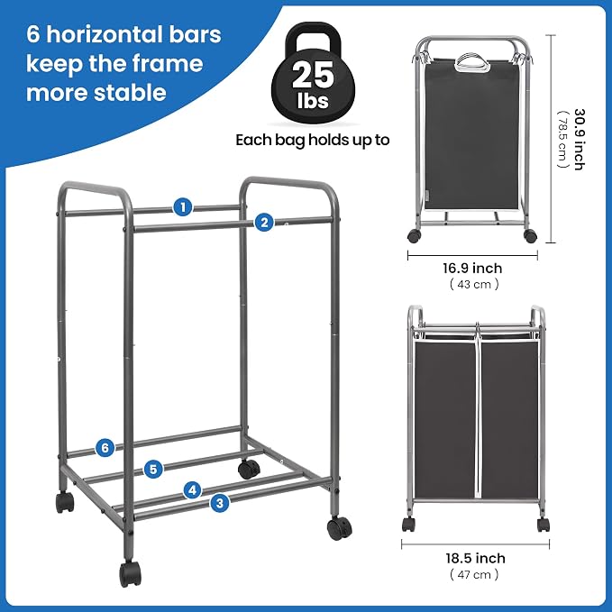 STORAGE MANIAC Laundry Sorter 2 Section, 90L (23.7Gal) Laundry Hamper with Wheels, Clothes Basket Separator Sorter, 2 Bag Cart and Removable Bags for Closet, Dorm, Collage, Black