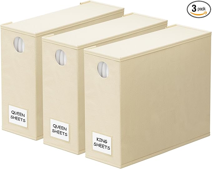 SpaceAid 3 Pack Bed Sheet Organizers and Storage, Foldable Linen Closet Organizer, Set Folder Keeper With Window XL (Queen & King Size) Bedding Container (Beige)