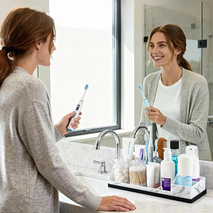 Bathroom Counter Organizer,Toothbrush Holder with 2PCS Qtip Holder Dispenser,Stylish Countertop Bathroom Sink Caddy and Toothpaste Holde,Counter Vanity Organizer for Toiletries and Accessories