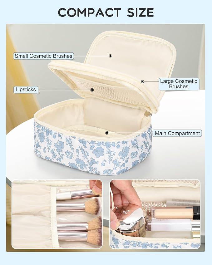 Relavel Travel Makeup Bag, Mini Floral Cosmetic Bag with 2 Makeup Brush Holders, Portable Makeup Pouch for Women, Cute Toiletry Bag with Double Layer Organizer, Blue Flower-Smaller