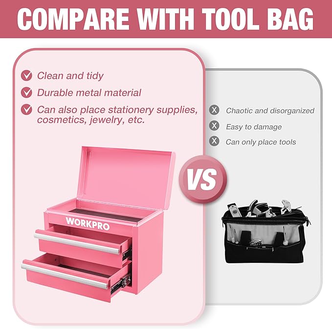 WORKPRO Metal Mini Tool Box with 2 Drawers and Top Storage | Cold Rolled Steel Toolbox, Ball Bearing Slides, PVC Drawer Liners, PP Feet Pads, Durable Storage