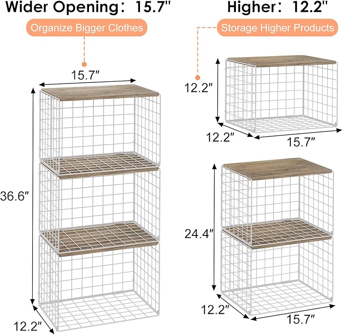 6 Pack Extra-Long Closet Organizers and Storage with Top Board, Stackable Closet Shelf Organizer, Double Storage Design, Clothes Storage Cube/Bin/Basket for Wardrobe, Space-Saving, White,Sturdy,Metal