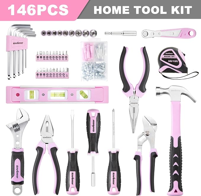 Enventor Tool Set with Fitted Storage Case, 146 Pieces, Pink | Chrome-plated Steel Tools, Non-slip Rubber Handles, for Home Repairs, DIY Projects and Appliance Maintenance