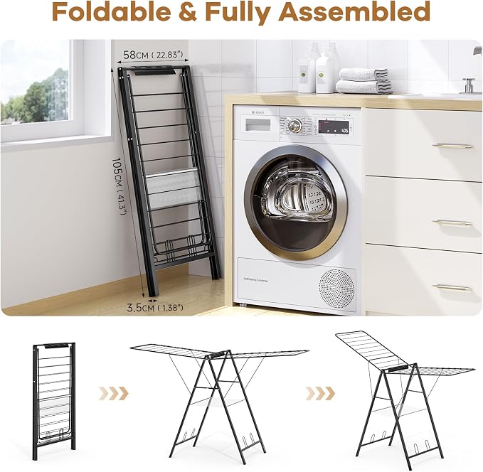 APEXCHASER 6 Height Adjustable Clothes Drying Rack with Shoe Slots, Black | Pre-Assembled, Stable Load Structure, 22 Drying Rails, Foldable Space-Saving For Efficient Indoor & Outdoor Airflow Drying