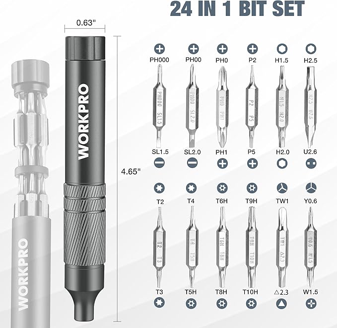 WORKPRO 24 in 1 Multi Bit Mini Screwdriver Set Magnetic, Grey | Manual Pen Screwdrivers, Tough S2 Steel Small Screwdriver Bits for Eyeglass, Watch, Laptop, Phone, Jewelry and Electronic