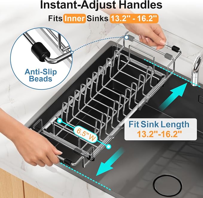 GSlife Small Dish Drying Rack for Counter - Expandable Drainer, Silver | Dual-Screw Locks, Expandable Fit Support with Cup Holders, Steel Drainer, Measured Sink Fit, Daily Kitchen Use and Cleanup