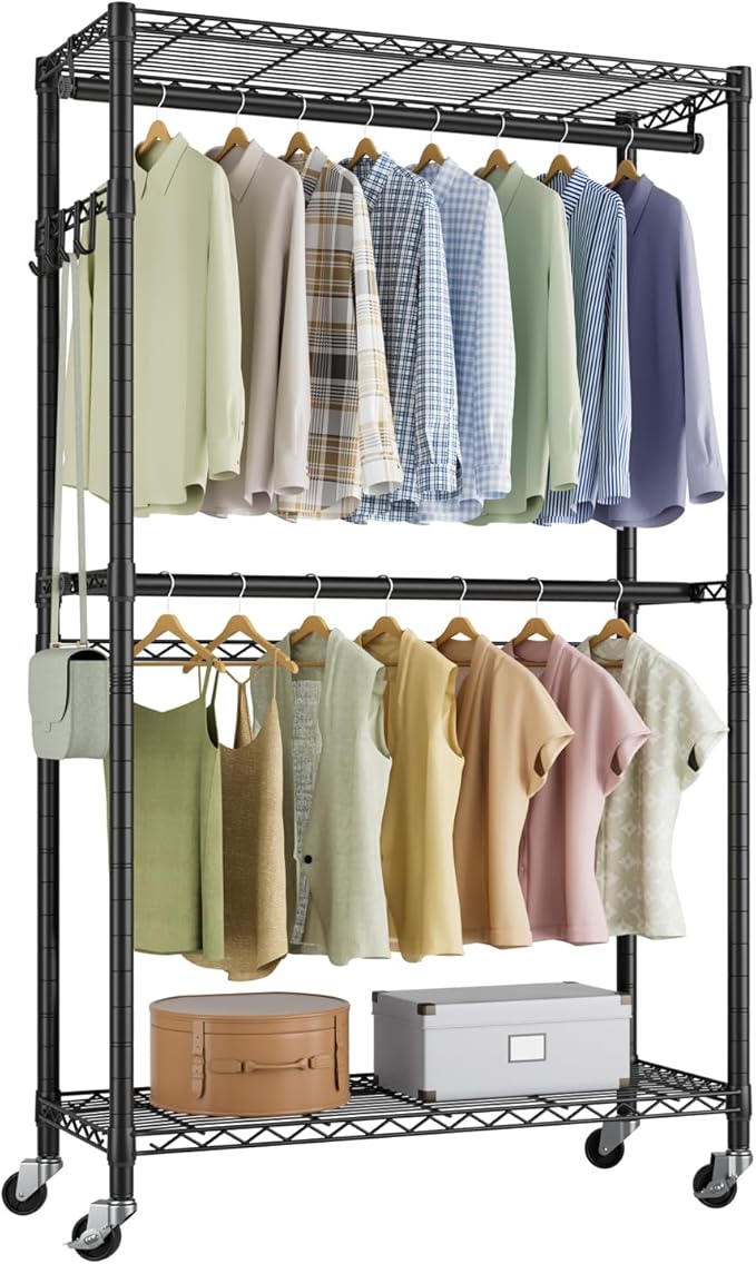 Golpart Heavy Duty Rolling Clothes Rack Wheels Portable Metal Garment Rack | Wardrobe Adjustable Wire Shelving Metal Double Clothing Racks for Hanging Clothes Organizer Closet Laundry Room Organization