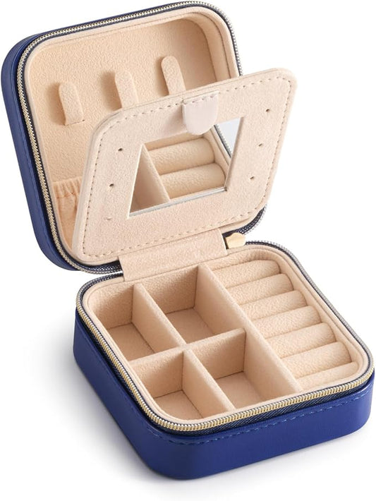 TRODANCE Jewelry Travel Case with Mirror,Small Travel Jewelry Organizer, Portable Jewelry Box Travel Mini Organizer Portable Display Storage Box For Rings Earrings Necklaces (NavyBlue)