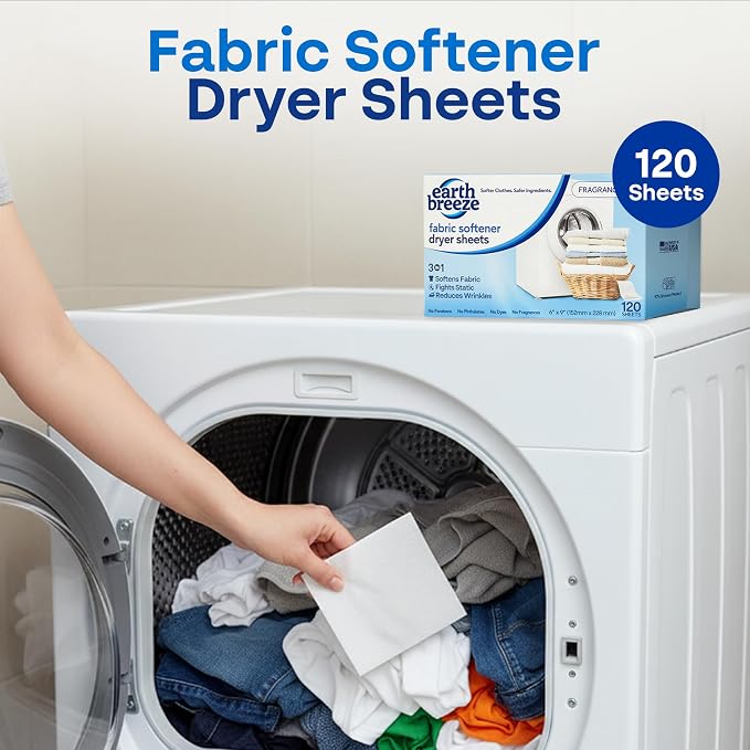 Earth Breeze Fabric Softener Dryer Sheets Fragrance Free (1 Pack) | Hypoallergenic, No Harsh Chemicals, Safe for Sensitive Skin – Static Cling & Wrinkle Reducer – Gentle Fabric Care
