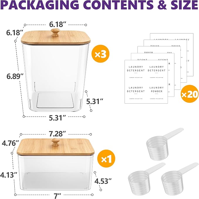 3+1 Pack Bamboo Laundry Pods Container, Clear Laundry Room Organization Containers,Large Laundry Detergent Powder Storage Containers Lids & Labels, Acrylic Laundry Pods Holder for Scent Booster