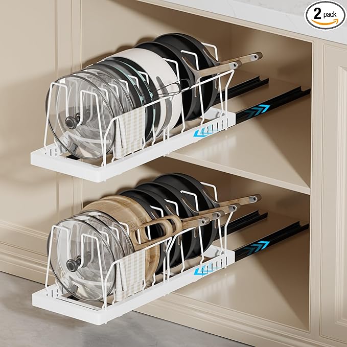 Magheo 2 Pack Pots and Pans Organizer Under Cabinet, 22" Deep Expandable Pull Out Pot Lid Organizer and Storage with 10 Adjustable Dividers No Drill Pot and Pan Holder Rack with Handle Bracket(White)