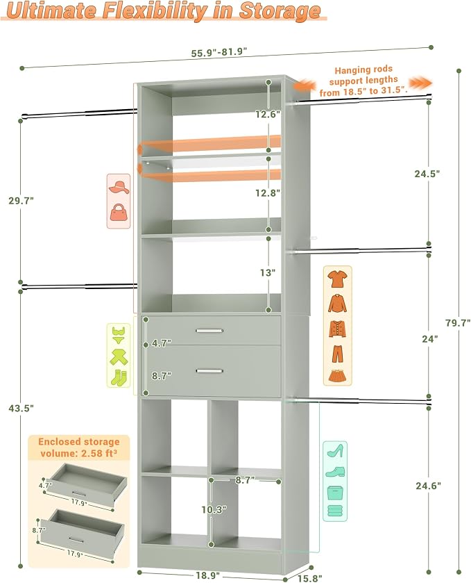 Besiost Small Closet System, 3.2-6.8FT Small Closet Organizer with 2 Drawers & 5 Hanging Rods, Can Fit 37.5 to 81.9 inch Walk-in Closet System, Built-in, Crab Green