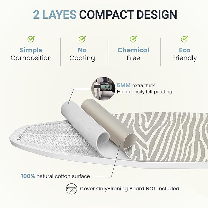 UniSimp Ironing Board Cover and Pad 18"x54" Extra Thick Natural Cotton, Scorch and Stain Resistant Iron Board Cover, Extra Large Iron Board Cover with Fasteners Heavy Duty Heatproof Elastic Edge Zebra
