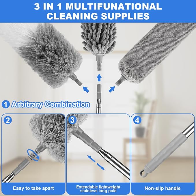 Dusters for Cleaning,Gap Duster and Chenille Duste with Extension Pole | Bendable Head Dusters for Cleaning Ceiling Fan, High Ceiling, Blinds, Furniture
