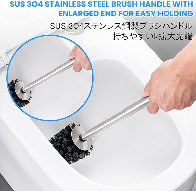 Toilet Brush and Holder Case and Stainless Steel Handle Toilet Cleaning Brush Double Layer Holder Long Brush Handle High Density Bristles Toilet Bowl Brushes Grey