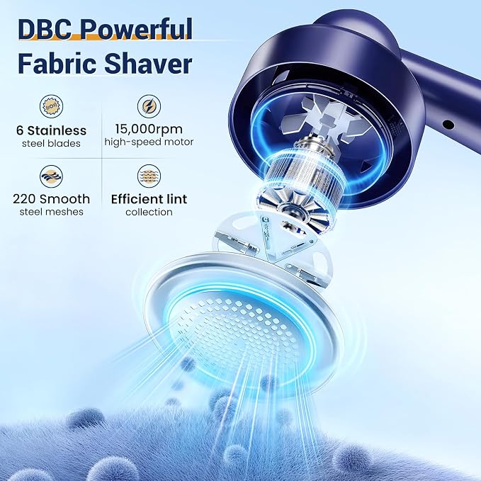 DBC Fabric Shaver & Lint Remover for Clothes, Sweaters & Furniture | 6-Leaf Blade, 3 Speeds, 2H Runtime, Portable Design Perfect for Travel, Includes 2 Extra Blades