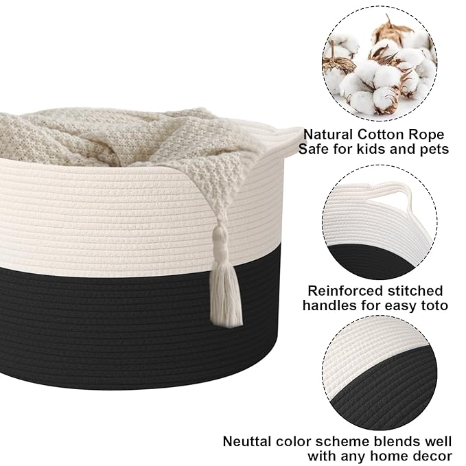 65L Large Blanket Basket,Cotton Rope Woven Storage Basket with Handles, Laundry Hamper for Toys, Clothes, Pillows & Towels, Perfect for Living Room, Nursery & Bedroom,White&Black