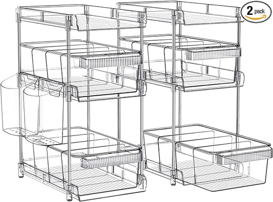 Clear Bathroom Organizers 2 Sets 3 Tier, Pull Out Organizer and Storage with 2 Cups, Slide Out Drawer Storage Container with 6 Dividers, Multi-Purpose Bathroom Organizer, Kitchen Under Sink Organizer