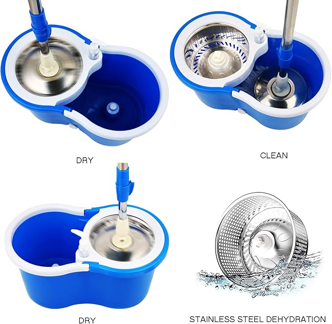 Spin Mop Bucket 360° with Wringer Set, Stainless Steel Mop System, 3 Absorbent Microfiber Mop Head Eefills, for Household Kitchen Floor Cleaning
