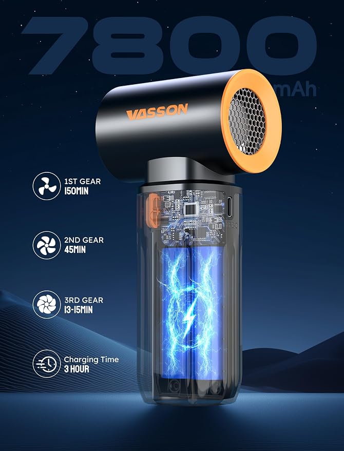 VASSON Compressed air Duster High-Speed Brushless Motor, 3-Speed Adjustable | 5 different nozzles Type-C fast charging Powerful Dust Cleaner for Keyboard, Computer, Car, Outdoor, Air Bed