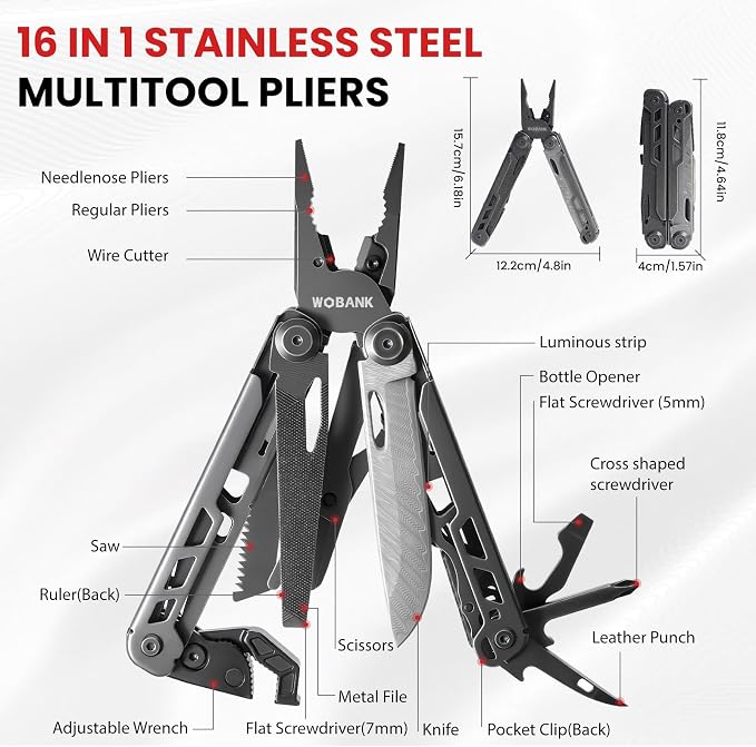 16-in-1 Multitool Pliers, Full-size, EDC Knife, Stainless Steel | Scissors, Damascus Pocket Knife, Nylon Sheath, Adjustable Hex Wrench, Survival, Camping, Hiking, Repair, Gift for Men Dad
