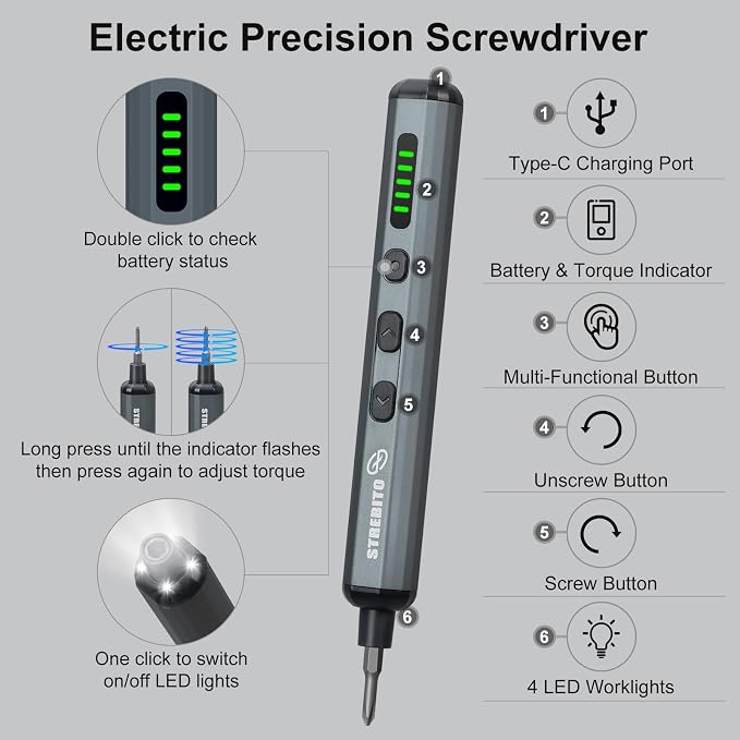 STREBITO Mini Electric Screwdriver Set, 70 in 1 Small Electric Screwdriver | 64 S2 Preicison Bits, 5 Torque Settings, 4 LED Lights, Mini Power Screwdriver Repair Tool Kit for Computer PC, Electronic, RC