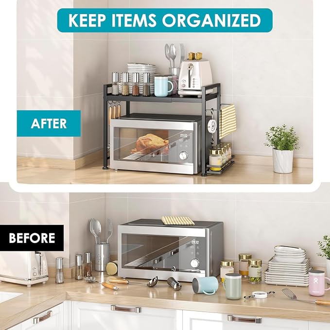 Expandable Microwave Stand Kitchen Countertop Organizer With Storage, Black | Adjustable Microwave Oven Rack Metal Storage Shelf for Pans Small Appliances Kitchen Utensils Tableware, 2-Tier