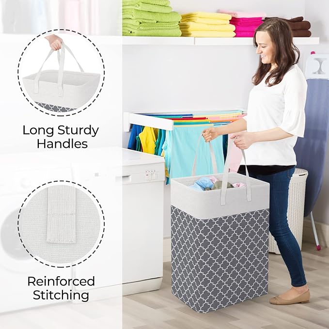 StorageRight Laundry Basket Hamper, 75L Clothes Storage, Clover Grey | Freestanding Clothes Hampers, Foldable design, with Easy Carry Handles, For Laundry, Bedroom, Dorm, Clothing, Towels, Toys