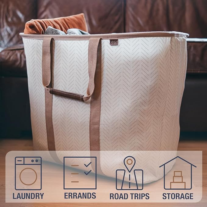 CleverMade LUXE Collapsible Laundry Caddy, 64L, 2 Pack, Cream Herringbone | Refined fabric and vegan leather details suit open rooms. The structured frame carries 2 loads and folds flat for storage.