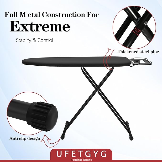 UFETGYG Ironing Board, Metal Panel Iron Board |43" X 13" W/with Iron Rest | Full Metal Construction| Height Adjustable | Heat & Scorch Resistant Fabric | Anti-Skid Feet | Heavy Duty| Easy to Fold