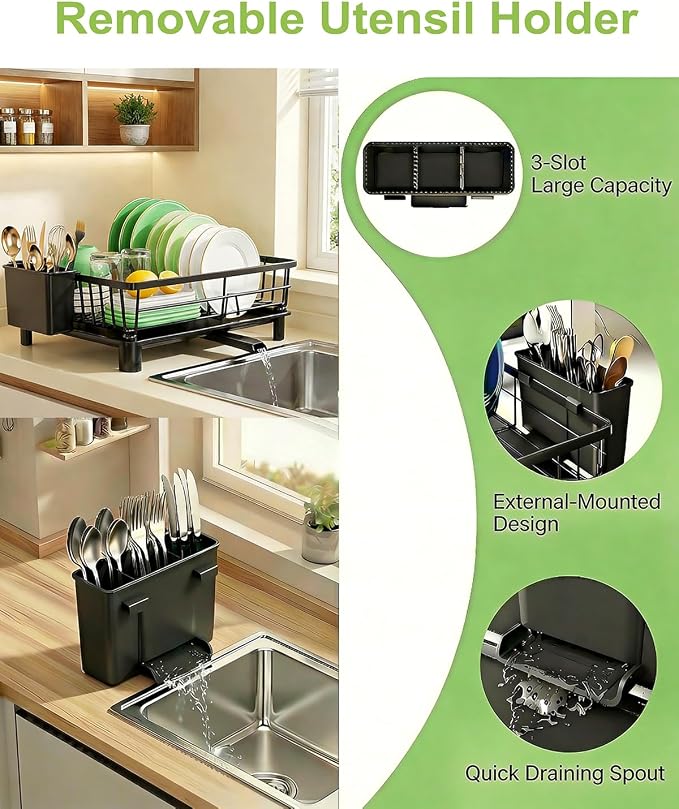 Dish Drying Rack for Kitchen Counter,Stainless Steel Drainers Rack with Detachable Cutlery Holder,Automatic Drainage System,Anti-Rust Dish Strainer Ideal for Families and Home