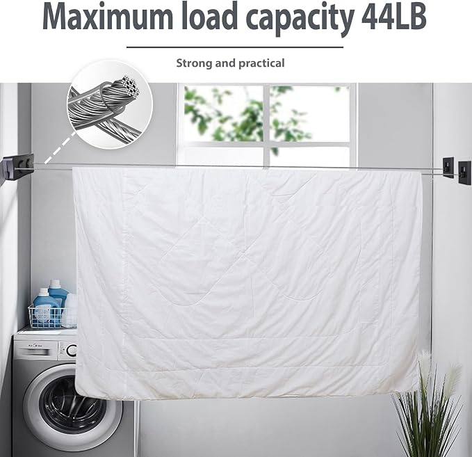 Grey 16.7 Ft Retractable Clothesline Indoor & Outdoor | Clothes Line Outdoors Sag-Proof With Adjustable Tension & 2 Installation Ways, Laundry Rope for Pool Towels, Winter Coats