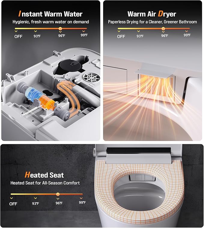Electric Smart Toilet with Bidet Built In, Tankless Modern Elongated One Piece Design, Foot Sensor & Dual Auto Flush, Heated Seat, Warm Water, Air Dryer, 1000g MaP Flush, 1.28 GPF