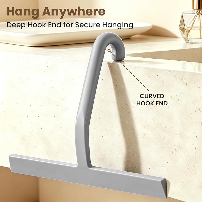 Shower Squeegee for Glass Doors - 10 Inch Bathroom Squeegee with Ergonomic Round Grip, Built-in Hook, Streak-Free No-Squeak Silicone Blade for Shower Glass, Tile Walls, Mirrors & Windows, Grey