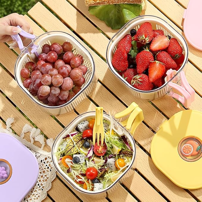 Fruit and Salad Washing Bowl with Strainer,Colander for Kitchen,Multi-Functional Vegetable and Food Drainer with Lid, Handle and Fork,Portable Fruit and Salad Containers for Fridge,BPA Free，Banana