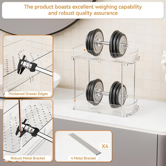 Yieach 2 Pack 13.8″ Deep 2 Tier Under Sink Storage Organizer,Large Pull Out Bathroom Organizers and Storage,Slide Out Acrylic Undersink Storage Shelf,Kitchen Under Sink Organizer for Cleaning Products