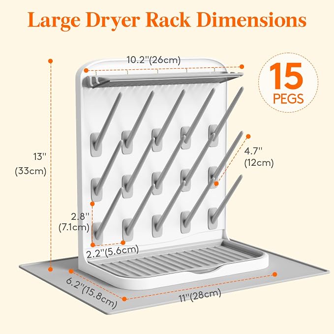Lifewit 15-Hooks Baby Bottle Drying Rack with Drain Mat for Countertop | Vertical Bottle Storage Organizer, Stand-Up Dryer Holder for Pacifiers, Pump Parts, Baby Stuff, Newborn Essentials Must Haves