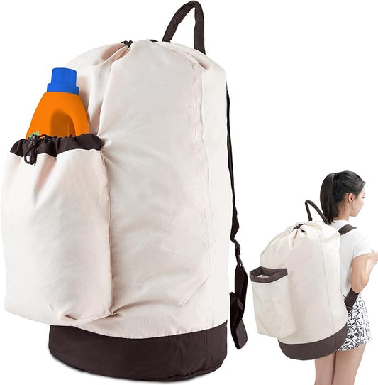 Seiritex Laundry Bag Backpack with Shoulder Straps and Detergent Holder Clothes, Travel Laundry Backpack Bag Hamper for College (Khaki w Brown)