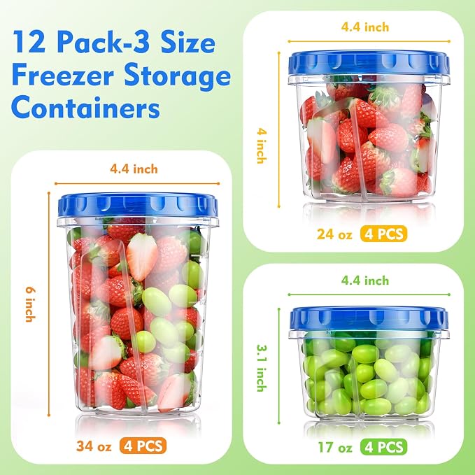 BiuLeon [12 Pack-34/24/17oz Freezer Storage Containers with 3 Different Sizes, Plastic Soup Containers with Lids, BPA-Free Food Storage Containers with Twist Top Lids, Reusable Meal Prep Containers