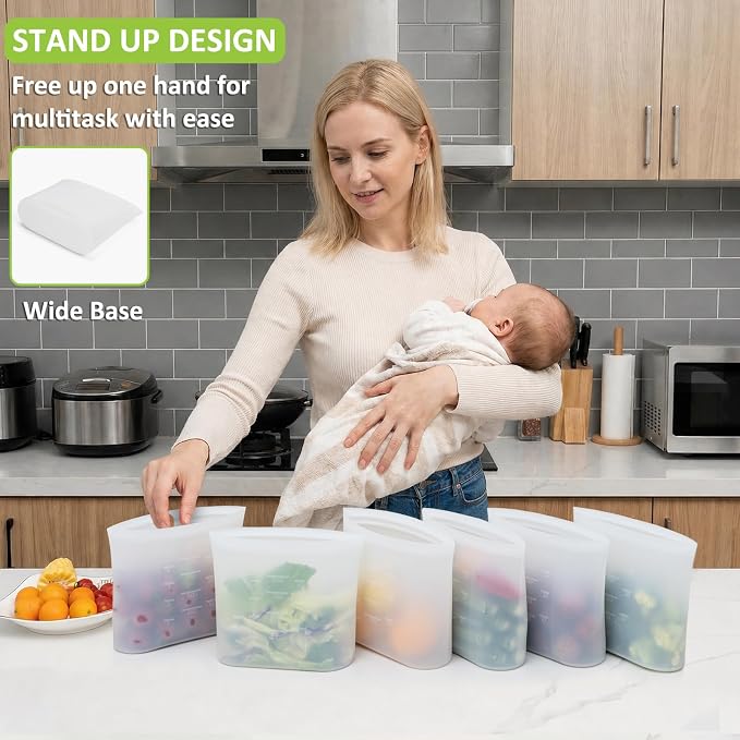 100% Silicone Reusable Storage Bag Quart Size, 6 Pack Stand-Up Wide-Mouth Zip-Lock Food Storage Bags, Easy-Fill Easy-Open Easy-Clean Space-Saving, Microwave & Dishwasher Safe, 34oz, Translucent