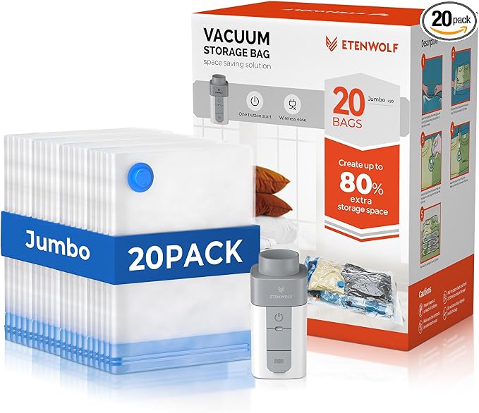 ETENWOLF 20 Jumbo Vacuum Storage Bags for Travel with Wireless Pump | Vacuum Seal Bags for Clothing Travel, Compression Packing Bags for Clothes and Blankets, Space Saver Bags in Carry-On Sizes