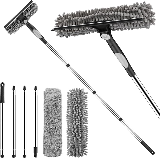 SetSail Window Squeegee with Extension Pole 2-in-1 Window Cleaning Kit Professional Window Cleaner Tool with Rotatable Head and 2 Scrubbers for Outdoor Indoor Car Windows Glass, Black Grey